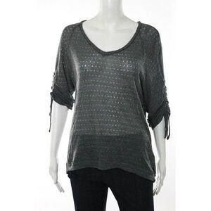 Ella Moss Gray Knit Print V-Neck Drawstring 3/4 Sleeve Sweater Size Medium